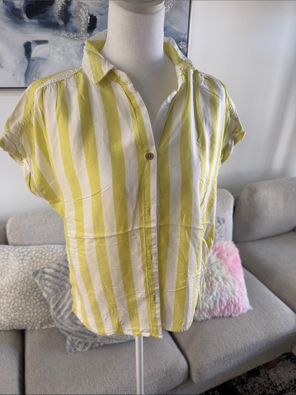 beachlunchlounge Yellow and White Striped Short‑Sleeve Button Down